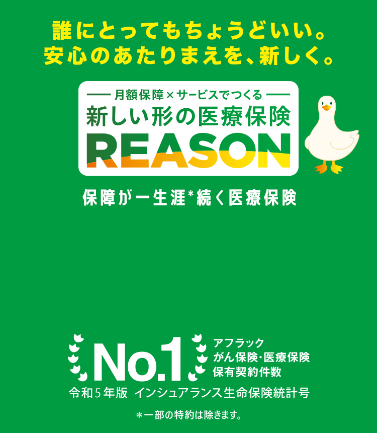 誰にとってもちょうどいい。安心のあたりまえを、新しく。 月額保障×サービスでつくる 新しい形の医療保険 REASON REASONダック アフラック がん保険・医療保険 保有契約件数 No．1 令和5年版 インシュアランス生命保険統計号 ＊一部の特約は除きます。