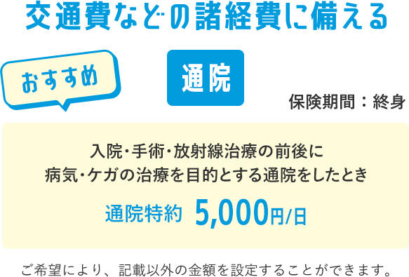 交通費などの諸経費に備える【通院】保険期間：終身 【おすすめ】入院・手術・放射線治療の前後に病気・ケガの治療を目的とする通院をしたとき 通院特約 5，000円／日 ご希望により、記載以外の金額を設定することができます。