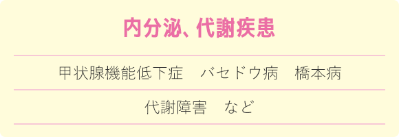 内分泌 代謝疾患 甲状腺機能低下症 バセドウ病 橋本病 代謝障害 など