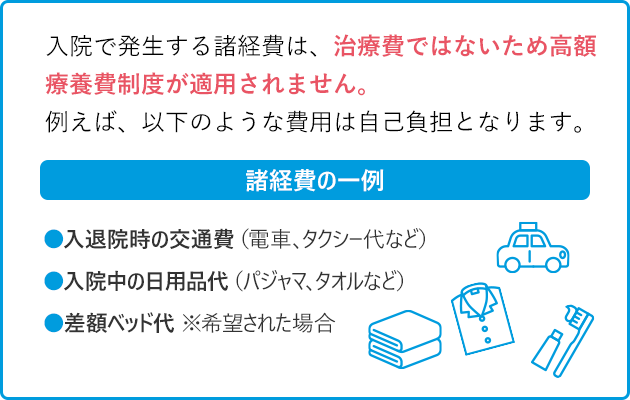 入院で発生する諸経費は、治療費ではないため高額療養費制度が適用されません。例えば、以下のような費用は自己負担となります。諸経費の一例・入退院時の交通費（電車、タクシー代など）・入院中の日用品代（パジャマ、タオルなど）・差額ベッド代※希望された場合