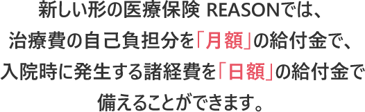 新しい形の医療保険 REASONでは、治療費の自己負担分を「月額」の給付金で、入院時に発生する諸経費を「日額」の給付金で備えることができます。