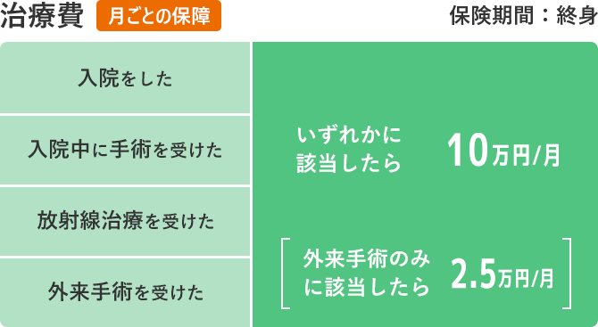 治療費【月ごとの保障】保険期間：終身 入院をした、入院中に手術を受けた、放射線治療を受けた、外来手術を受けた、いずれかに該当したら10万円／月［外来手術のみに該当したら2．5万円／月］