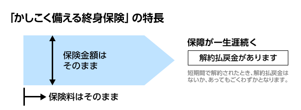 「かしこく備える終身保険」の特長 保険金額はそのまま 保険料はそのまま 保障が一生涯続く 解約払戻金があります 短期間で解約されたとき、解約払戻金はないか、あってもごくわずかとなります。