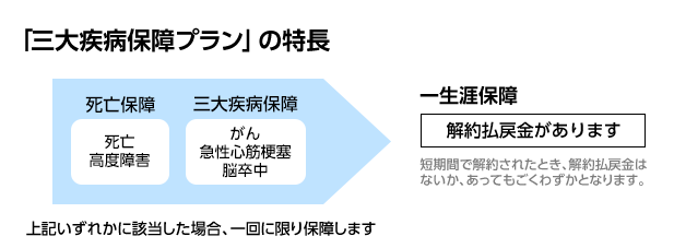 「三大疾病保障プラン」の特長 死亡保障 死亡高度障害 三大疾病保障 がん 急性心筋梗塞 脳卒中 上記いずれかに該当した場合、一回に限り保障します 一生涯保障 解約払戻金があります 短期間で解約されたとき、解約払戻金はないか、あってもごくわずかとなります。