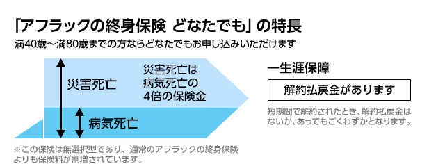 「アフラックの終身保険 どなたでも」の特長 満40歳〜満80歳までの方ならどなたでもお申し込みいただけます 災害死亡 災害死亡は病気死亡の4倍の保険金 病気死亡 ※この保険は無選択型であり、通常のアフラックの終身保険よりも保険料が割増されています。 一生涯保障 解約払戻金があります 短期間で解約されたとき、解約払戻金はないか、あってもごくわずかとなります。