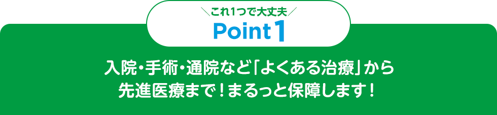 これ1つで大丈夫 Point1 入院・手術・通院など「よくある治療」から先進医療まで！まるっと保障します！