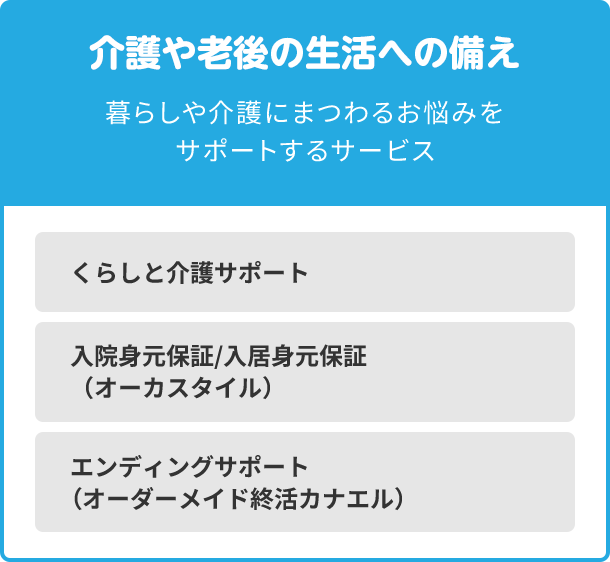 介護や老後の生活への備え 暮らしや介護にまつわるお悩みをサポートするサービス くらしと介護サポート 入院身元保証/入居身元保証（オーカスタイル） エンディングサポート（オーダーメイド終活カナエル）