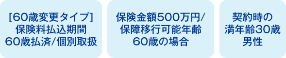 ［60歳変更タイプ］保険料払込期間 60歳払済／個別取扱 保険金額500万円／保障移行可能年齢 60歳の場合 契約時の満年齢30歳男性