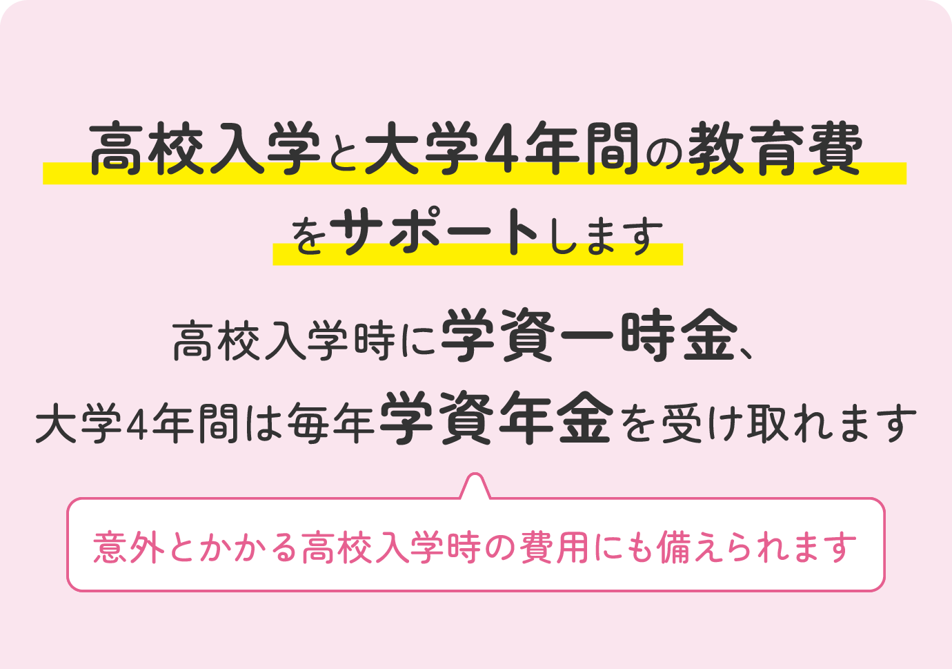 高校入学と大学4年間の教育費をサポートします 高校入学時に学資一時金、大学4年間は毎年学資年金を受け取れます 意外とかかる高校入学時の費用にも備えられます