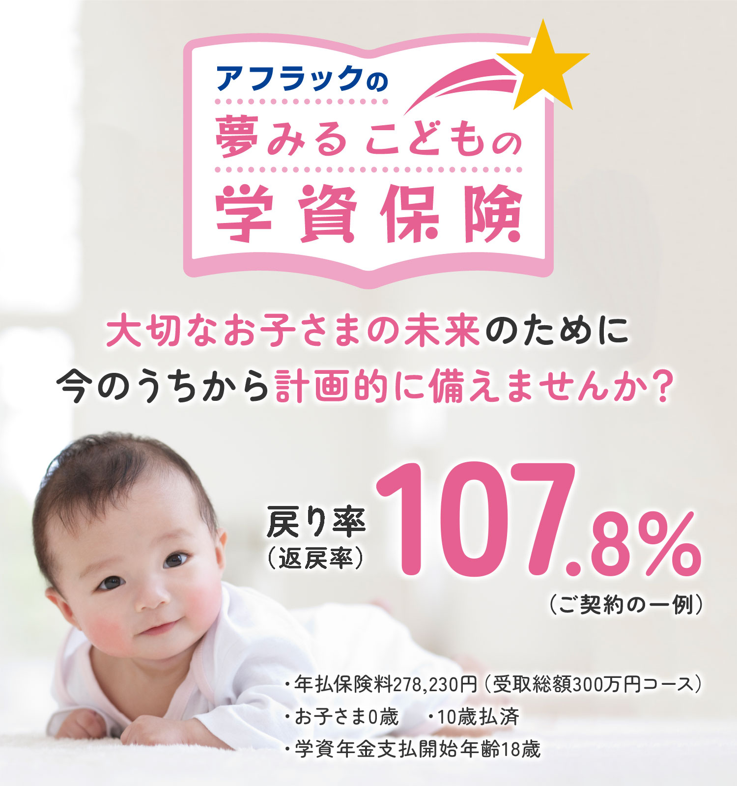 赤ちゃんがハイハイしている画像 アフラックの夢みるこどもの学資保険メインビジュアル 大切なお子さまの未来のために今のうちから計画的に備えませんか? (ご契約の一例)戻り率(返戻率)107.8% 年払保険料278,230円(受取総額300万円コース) お子さま0歳 10歳払済 学資年金支払開始年齢18歳