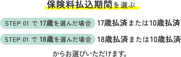 保険料払込期間を選ぶ STEP01で17歳を選んだ場合 17歳払済または10歳払済 STEP01で18歳を選んだ場合 18歳払済または10歳払済 からお選びいただけます。