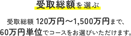 受取総額を選ぶ 受取総額120万円～1,500万円まで、60万円単位でコースをお選びいただけます。