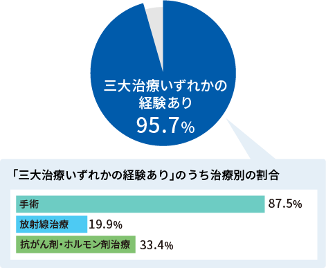 三大治療いずれかの経験あり 95.7% 「三大治療いずれかの経験あり」のうち治療別の割合 手術 87.5% 放射線治療19.9% 抗がん剤・ホルモン剤治療 33.4%