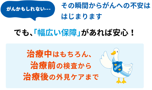 がんかもしれない… その瞬間からがんへの不安ははじまります でも、「幅広い保障」があれば安心！ 治療中はもちろん、治療前の検査から治療後の外見ケアまで WINGSダック