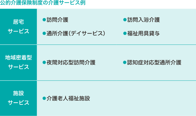 公的介護保険制度の介護サービス例 居宅サービス 訪問介護 訪問入浴介護 通所介護（デイサービス）福祉用具貸与 地域密着型サービス 夜間対応型訪問介護 認知症対応型通所介護 施設サービス 介護老人福祉施設