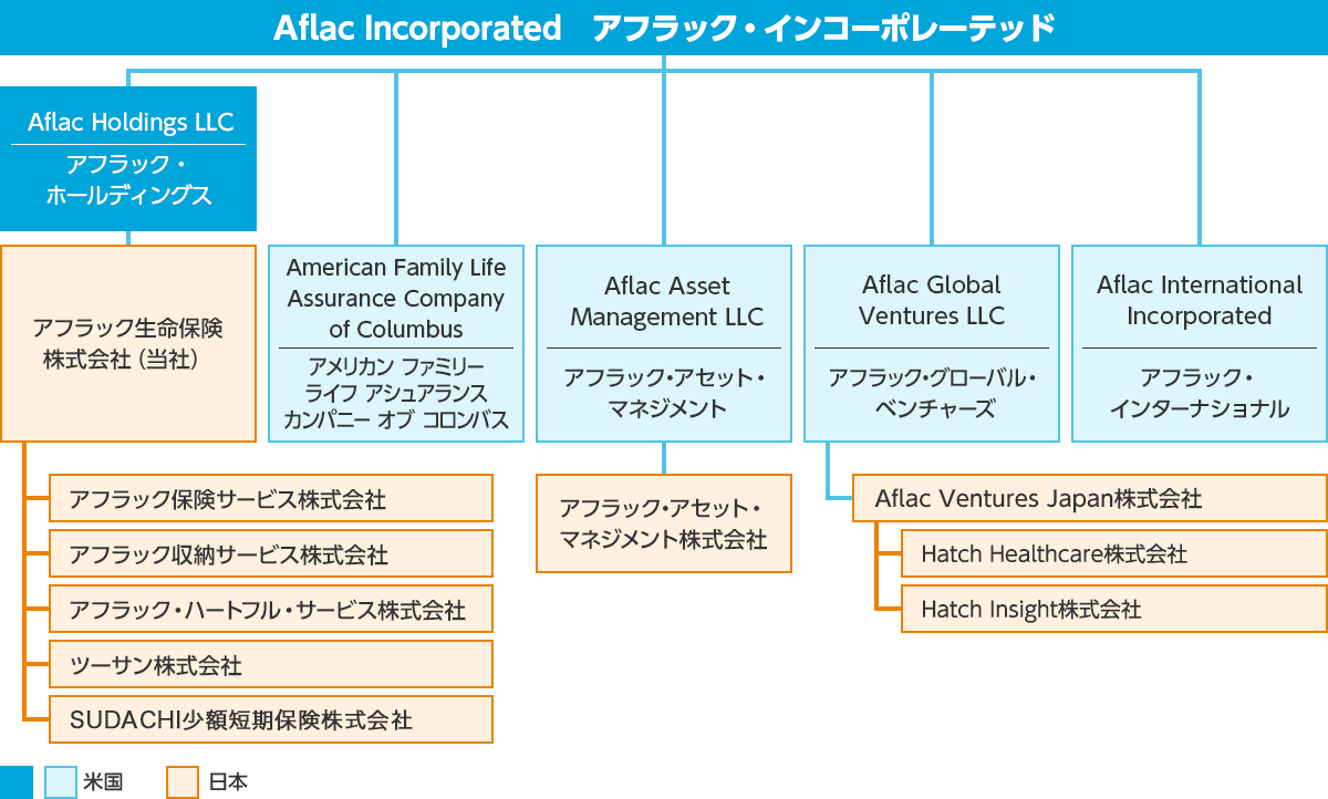Aflac Incorporated アフラック・インコーポレーテッド Aflac Holdings LLC アフラック・ホールディングス アフラック生命保険株式会社(当社) アフラック保険サービス株式会社 アフラック収納サービス株式会社 アフラック・ハートフル・サービス株式会社 ツーサン株式会社 SUDACHI少額短期保険株式会社 American Family Life Assurance Company of Columbus アメリカン ファミリー ライフ アシュアランス カンパニー オブ コロンバス Aflac Asset Management LLC アフラック・アセット・マネジメント アフラック・アセット・マネジメント株式会社 Aflac Global Ventures LLC アフラック・グローバル・ベンチャーズ Aflac Ventures Japan株式会社 Hatch Healthcare株式会社 Hatch Insight株式会社 Aflac International Incorporated アフラック・インターナショナル 米国 日本