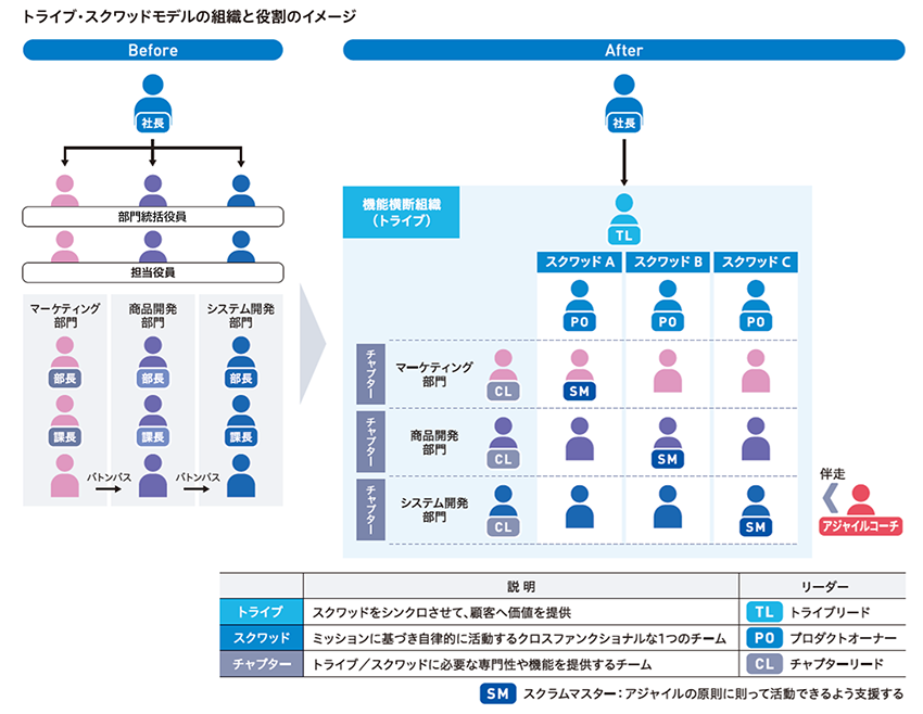 トライブスクワッドモデルの組織と役割を示しております。以前は社長から部門統括役員、担当役員の配下に各部門が組織されていました。その結果、部門間ではバトンパスが必要でした。それがアジャイル組織と役割に変わったことにより、社長直下にトライブリードが配置され、その配下で部門横断のスクワッドが組成され、活動を行います。また各スクワッドの活動には、アジャイルコーチが伴走しております。