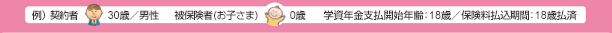 例) 契約者 30歳/男性 被保険者(お子さま) 0歳 学資年金支払開始年齢:18歳/保険料払込期間:18歳払済