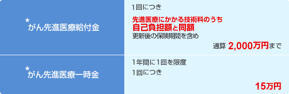 ★がん先進医療給付金 1回につき 先進医療にかかる技術料のうち自己負担額と同額 更新後の保険期間を含め 通算2,000万円まで ★がん先進医療一時金 1年間に1回を限度 1回につき 15万円