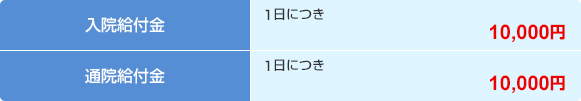 入院給付金 1日につき 10,000円 通院給付金 1日につき 10,000円