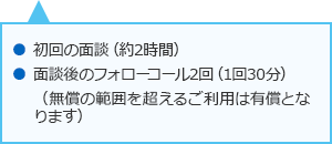 初回の面談(約2時間) 面談後のフォローコール2回(1回30分) (無償の範囲を超えるご利用は有償となります)