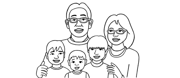 眼鏡をかけた夫婦と、3人のこどもの5人家族のイラスト