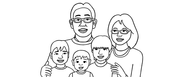 眼鏡をかけた夫婦と、3人のこどもの5人家族のイラスト
