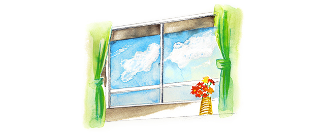 窓から映る青空のイラスト。窓際には赤やオレンジの花が花瓶に生けてある