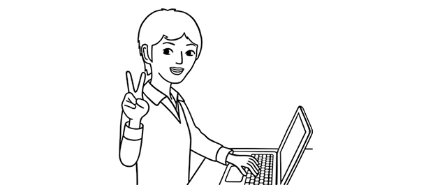 左手でノートPCを操作しながら、こちらを向いて右手でピースをして見せる女性のイラスト
