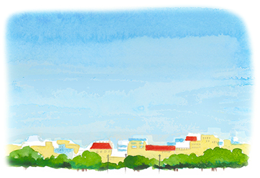 いっぱいに広がる青い空と、街中の風景のイラスト