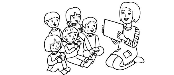 児童に向かって紙芝居を読み聞かせる保育士のイラスト