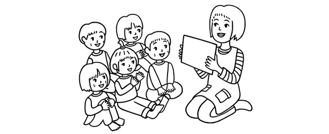 児童に向かって紙芝居を読み聞かせる保育士のイラスト