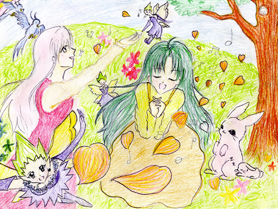 猿渡瞳さんの描いたイラスト。野原で歌う少女と妖精、動物が描かれている。