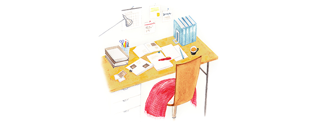 自分のデスクのイラスト、机の上には本とノートが広げられている。椅子の家には赤いブランケットがかかっている