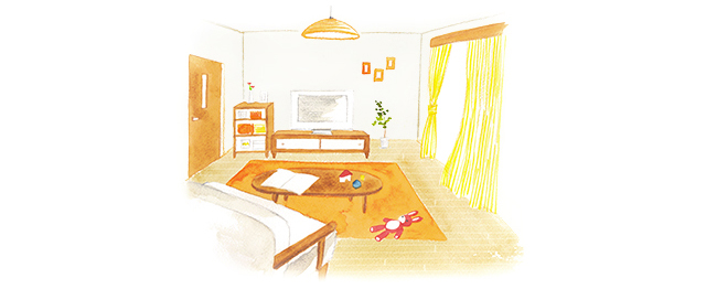 自分の部屋のイラスト。奥に本棚とTVボード、中央にテーブル、手前にベッドがあり、黄色いカーテンがかけられている
