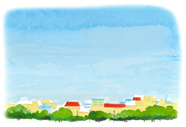いっぱいに広がる青い空と、街中の風景のイラスト