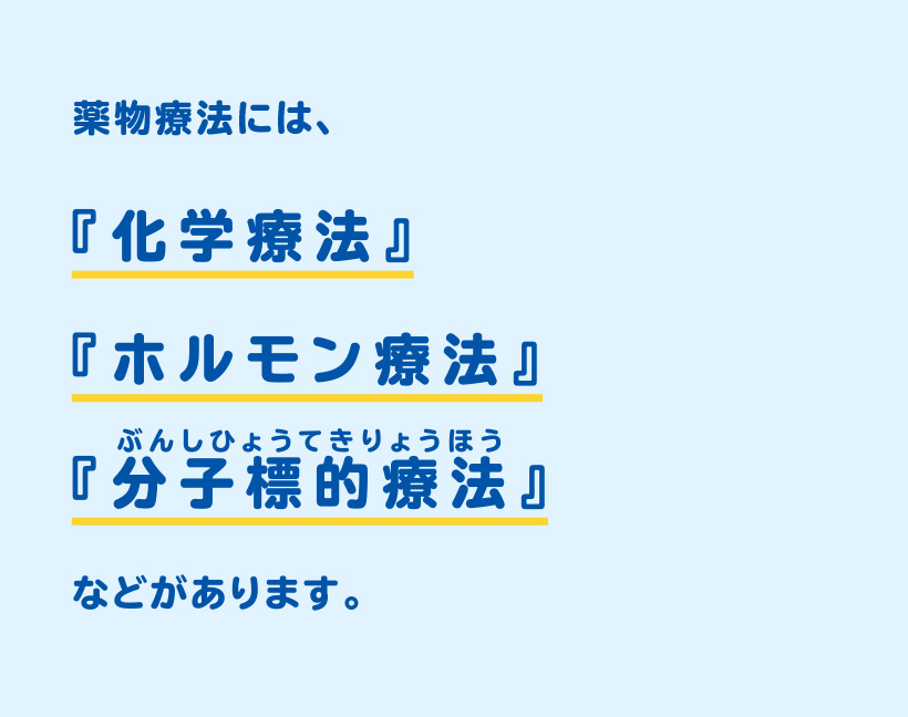 薬物療法には、『化学療法』『ホルモン療法』『分子標的療法』などがあります。