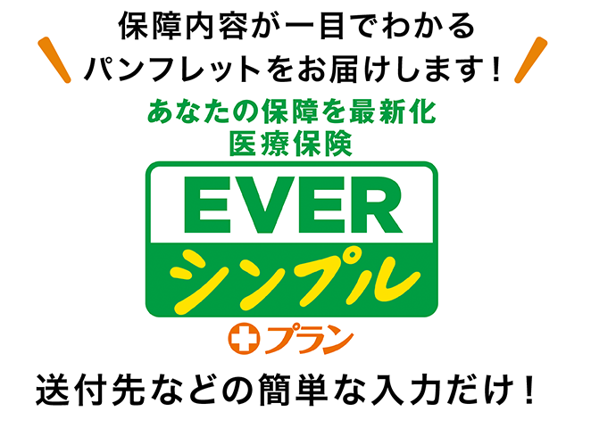 保障内容が一目でわかるパンフレットをお届けします！ あなたの保障を最新化 医療保険 EVERシンプル プラスプラン 送付先などの簡単な入力だけ！