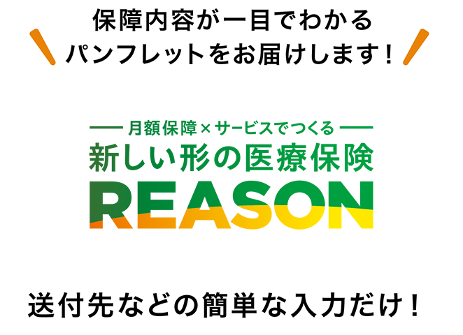保障内容が一目でわかるパンフレットをお届けします！ 月額保障×サービスでつくる 新しい形の医療保険 REASON 送付先などの簡単な入力だけ！