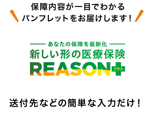 保障内容が一目でわかるパンフレットをお届けします！ あなたの保障を最新化 新しい形の医療保険 REASONプラス 送付先などの簡単な入力だけ！