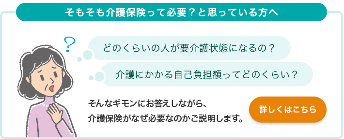 そもそも介護保険って必要？と思っている方へ どのくらいの人が要介護状態になるの？ 介護にかかる自己負担額ってどのくらい？ そんなギモンにお答えしながら、介護保険がなぜ必要なのかご説明します。 詳しくはこちら