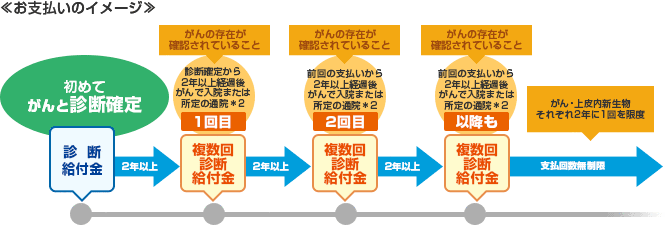 ＜お支払いのイメージ＞ 初めてがんと診断確定 診断給付金 2年以上 がんの存在が確認されていること 診断確定から2年以上経過後がんで入院または所定の通院＊2 1回目 複数回診断給付金 2年以上 がんの存在が確認されていること 前回の支払いから2年以上経過後がんで入院または所定の通院＊2 2回目 複数回診断給付金 2年以上 がんの存在が確認されていること 前回の支払いから2年以上経過後がんで入院または所定の通院＊2 以降も 複数回診断給付金 支払回数無制限 がん・上皮内新生物それぞれ2年に1回を限度
