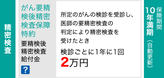 精密検査 がん要精検後精密検査保障特約 要精検後精密検査給付金 ？ 所定のがんの検診を受診し、医師の要精密検査の判定により精密検査を受けたとき 検診ごとに1年に1回2万円 保険期間 10年満期（自動更新）