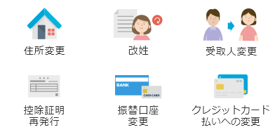 住所変更、改姓、受取人変更、控除証明再発行、振替口座変更、クレジットカード払いへの変更