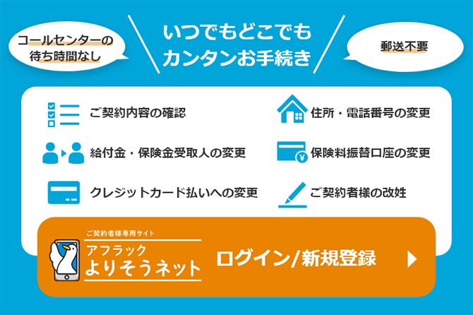 コールセンターの待ち時間なし いつでもどこでもカンタンお手続き 郵送不要 ご契約内容の確認 給付金・保険金受取人の変更 クレジットカード払いへの変更 住所・電話番号の変更 保険料振替口座の変更 ご契約者様の改姓 ご契約者様専用サイト アフラック よりそうネット ログイン/新規登録