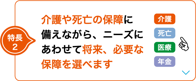 特長2 介護や死亡の保障に備えながら、ニーズにあわせて将来、必要な保障を選べます 介護 死亡 医療 年金