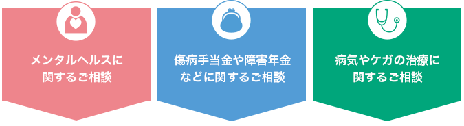 メンタルヘルスに関するご相談 傷病手当金や障害年金などに関するご相談 病気やケガの治療に関するご相談