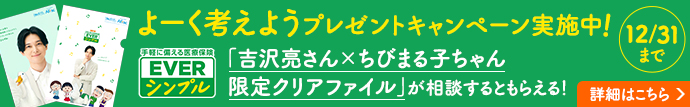 よーく考えようプレゼントキャンペーン実施中！ 手軽に備える医療保険 ＥＶＥＲシンプル 「吉沢亮さん×ちびまる子ちゃん限定クリアファイル」が相談するともらえる！ 詳細はこちら 12/31まで 吉沢亮さん ちびまるこちゃん たまちゃん 丸尾くん 花輪くん アフラックダック
