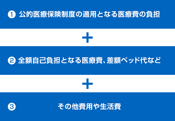 がんにかかる費用 1 公的医療保険制度の適用となる医療費の負担 ＋ 2 全額自己負担となる医療費、差額ベッド代など ＋ 3 その他費用や生活費