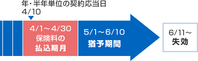 年・半年単位の契約応当日 4／10 4／1～4／30 保険料の払込期月 5／1～6／10 猶予期間 6／11～ 失効